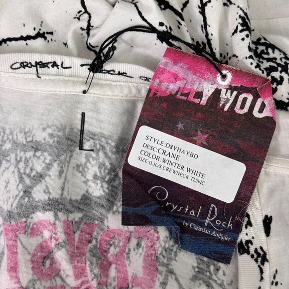 Christian Audigier Crystal Rock Top Womens Large Crane Blossom Y2K Tunic Shirt T - Picture 3 of 13